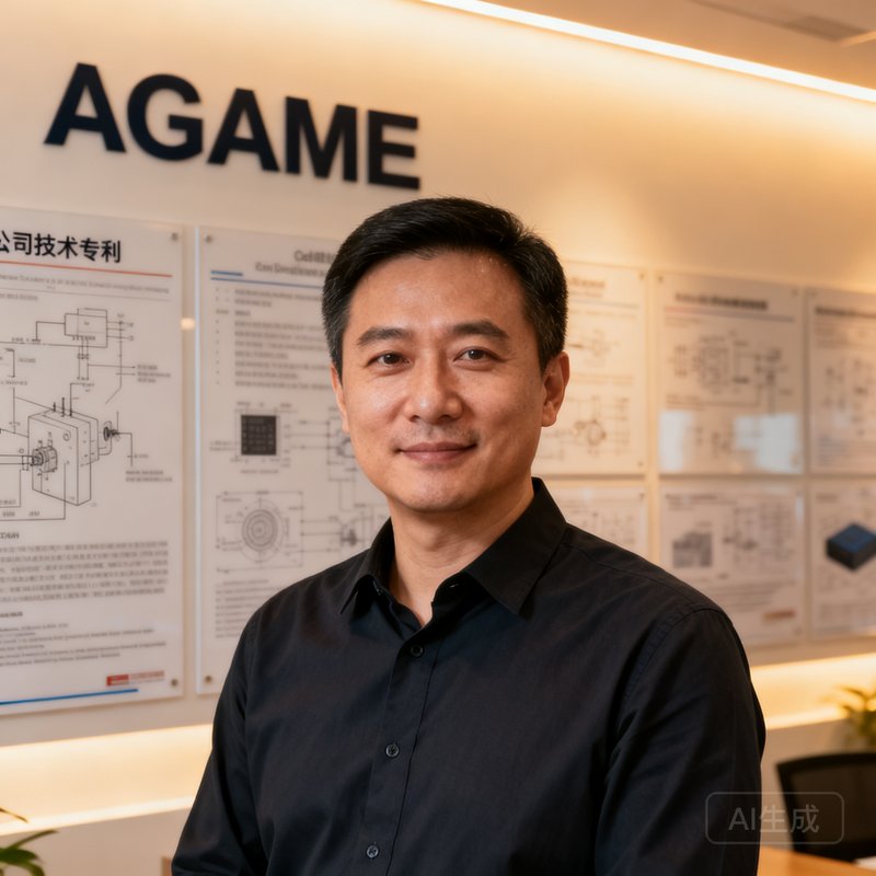 AGGAME创始人兼CEO陈志远，四十岁左右的男性，穿着深色衬衫，在办公室中自然站立，背景是公司的技术专利墙，神情自信而沉稳。